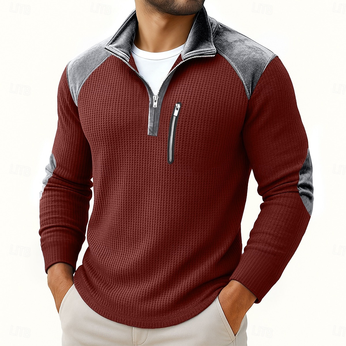 Hombre Henley Shirt Camiseta de punto gofre Camisas de hombre con coderas Manga Larga Cremallera de un cuarto Otoño invierno Primavera Otoño Retro Antiguo Casual Bolsillos Cerrar Retazos Casual 2026 - $27.99 –P6