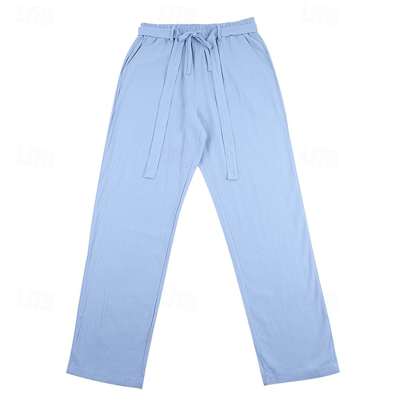 Men's Linen Pants Trousers Summer Pants Baggy Pants Drawstring Elastic Waist Straight Leg Plain Comfort Breathable Full Length Daily Outdoor Holiday Fashion Classic Style Blue White Micro-elastic 2026 - $12.99 –P5