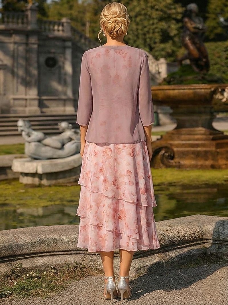 Duas Peças Linha A Longuette Vestido de convidada de casamento Vestido Para Mãe dos Noivos Sem Manga Manga 3/4 Gola Redonda Elegante Simples Minimalista Formal Semi formal Chiffon Jacquard com de 2026 por $174.99 –P3