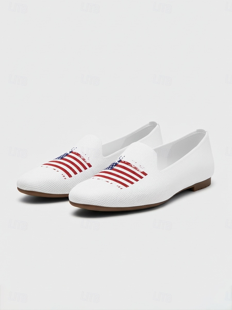 Zapatos planos de punto sin cordones para mujer con motivo del 250.º aniversario de EE. UU.: cómodos, ligeros y casuales, estilo urbano patriótico para festividades nacionales, festivales y viajes. 2026 - $29.99 –P1