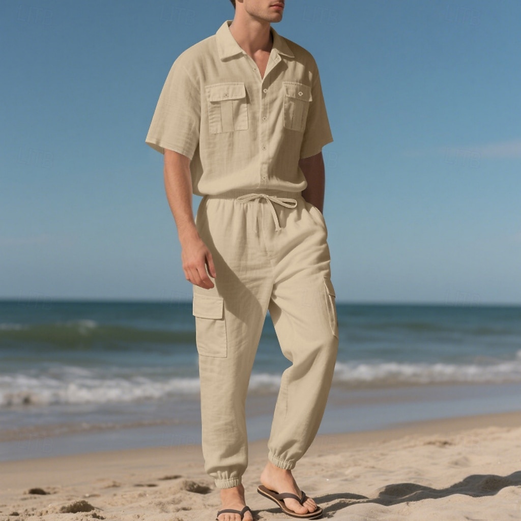 Men's Linen Shirt 2 Piece Shirt Set And Cargo Pants Linen Pants Trousers Set Plain Casual Daily Outdoor Turndown Short Sleeves Summer Fashion Casual Comfortable Clothing Apparel 2026 - $36.99 –P2