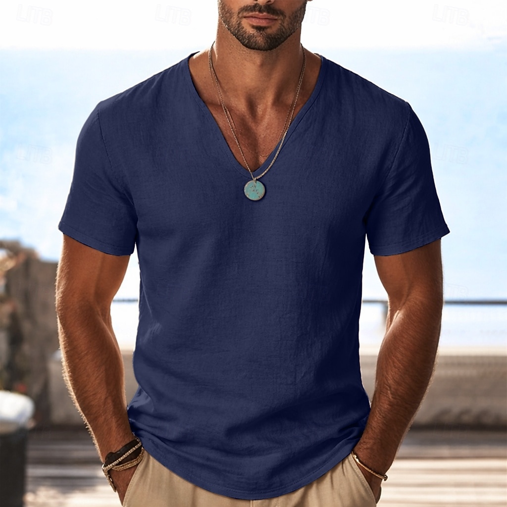 Hombre Camiseta Camisa manga corta Camiseta superior Camiseta de lino Manga Corta Escote en Pico Escote Primavera verano Verano Primavera Color sólido Plano Ropa de calle Elegante Ocio Clásico Puro 2026 - $21.99 –P9