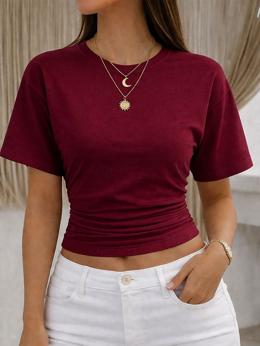 Women's T Shirt Tee Top Ruched Solid Color Graphic Plain Fashion Stylish Classic Short Sleeve Crew Neck Round Neck Crop Tops Casual Daily Going out Black White Pink Gray Light Blue Summer Spring 2026 - $19.99 –P8