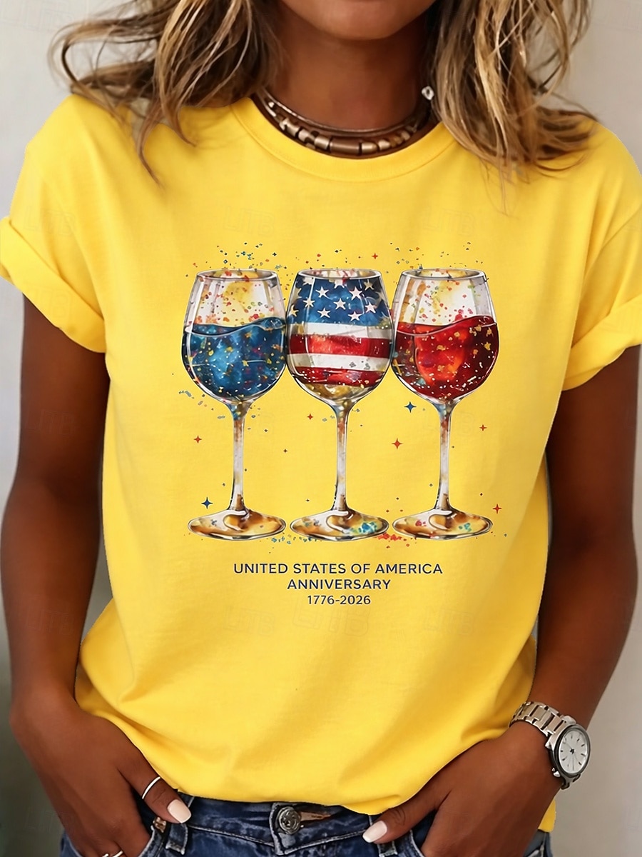 día de la independencia americana Mujer Camiseta Estampado Graphic Bandera Copa de vino Elegante Clásico Casual Manga Corta Cuello Barco Tops regulares Diario Azul Piscina Blanco Amarillo Rojo Negro 2026 - $7.99 –P8