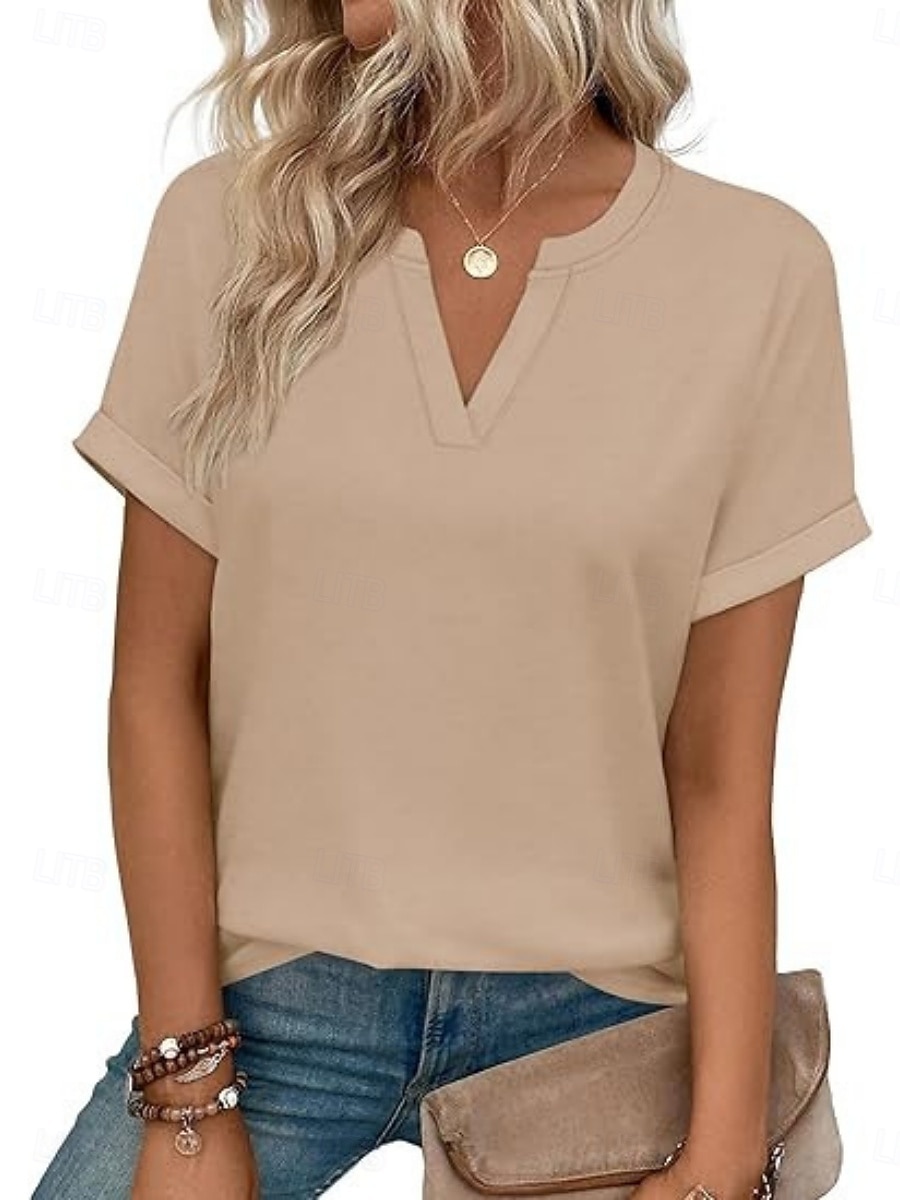 Femmes T-shirt Uni Mode Élégant Classique Manche Courte Col en V Hauts Réguliers Quotidien Sortir Week-end Bleu Noir Blanche Rose Claire Rouge Été Printemps de 2026 ? $19.99 –P1