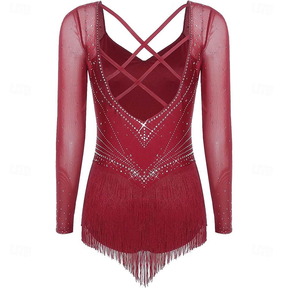 Women's Burgundy Latin Dance Dress - Rhinestone Mesh Long Sleeve Rhythmic Tassel Costume for Ballroom & Competition 2026 - $305.39 –P4
