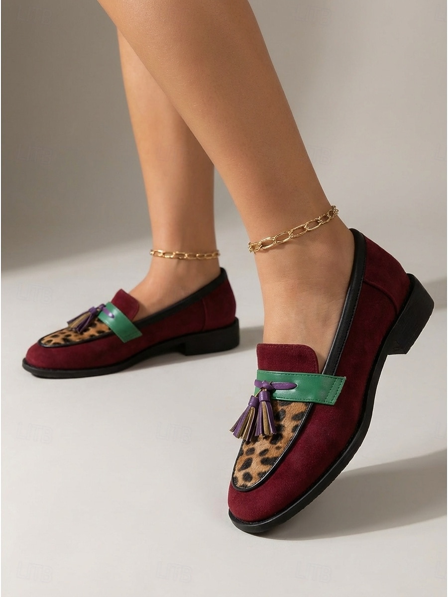Mocasini de damă din piele întoarsă vișinie și verde cu ciucuri și accente de leopard – pantofi comozi de zi cu zi pentru serviciu și ținute casual 2026 - $46.99 –P2