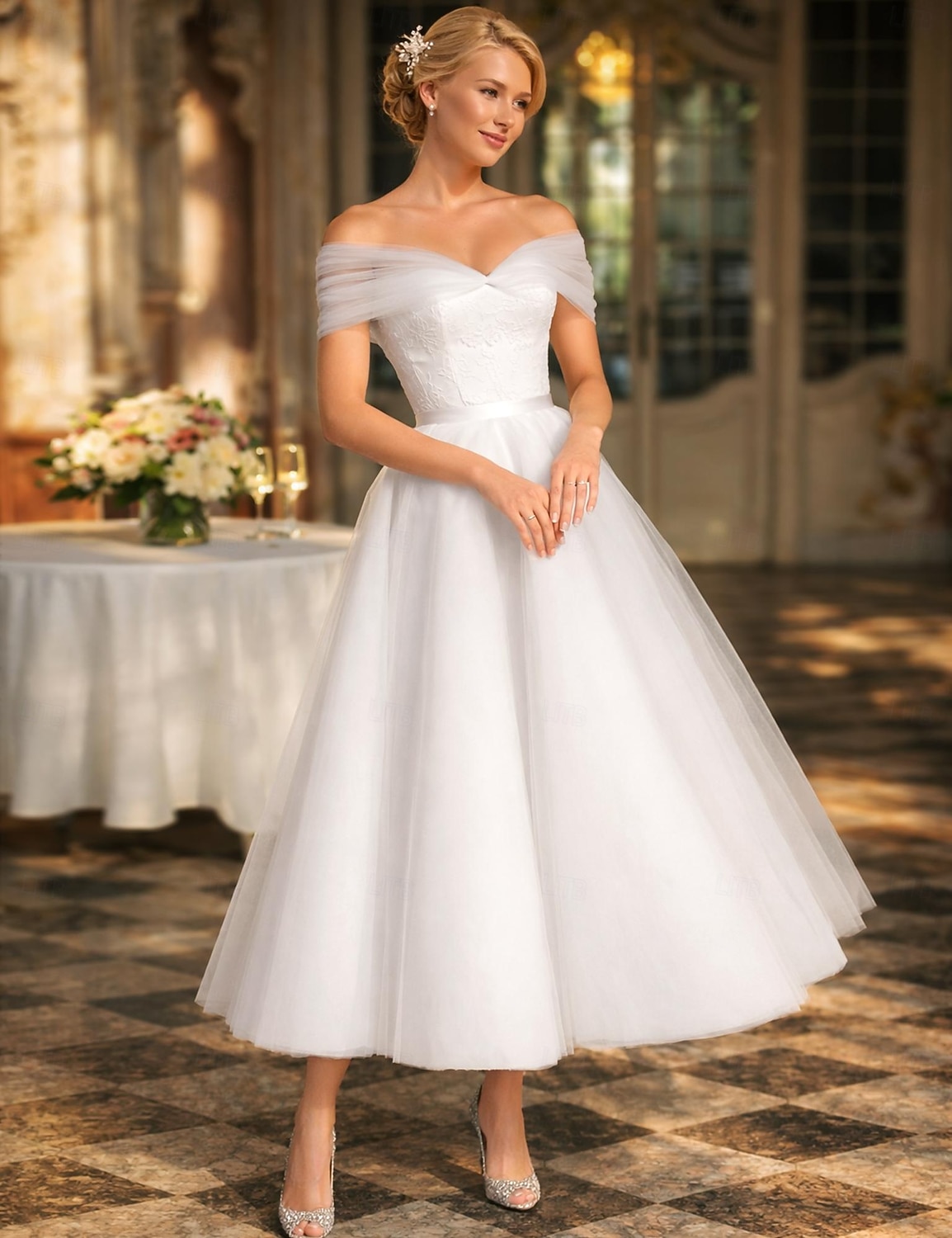 De Baile Longuette Vestidos de noiva Vestidos para Chá de Panela Vestido de Noiva Vestidos Brancos Justos Alças Ombro a Ombro Graduação Aniversário Renda Tule com Pregas Apliques de 2026 por $183.99 –P2