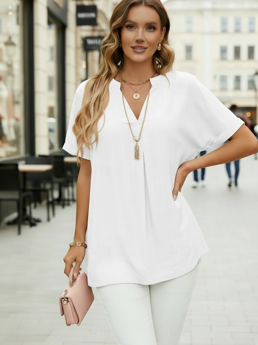 Mujer Camisa Blusa con textura Camiseta de punto Blusa Plano Activo Elegante Manga Corta Escote en Pico Tops regulares Casual Diario Exterior Blanco Rosa Caqui Negro Verano Primavera 2026 - $28.99 –P3