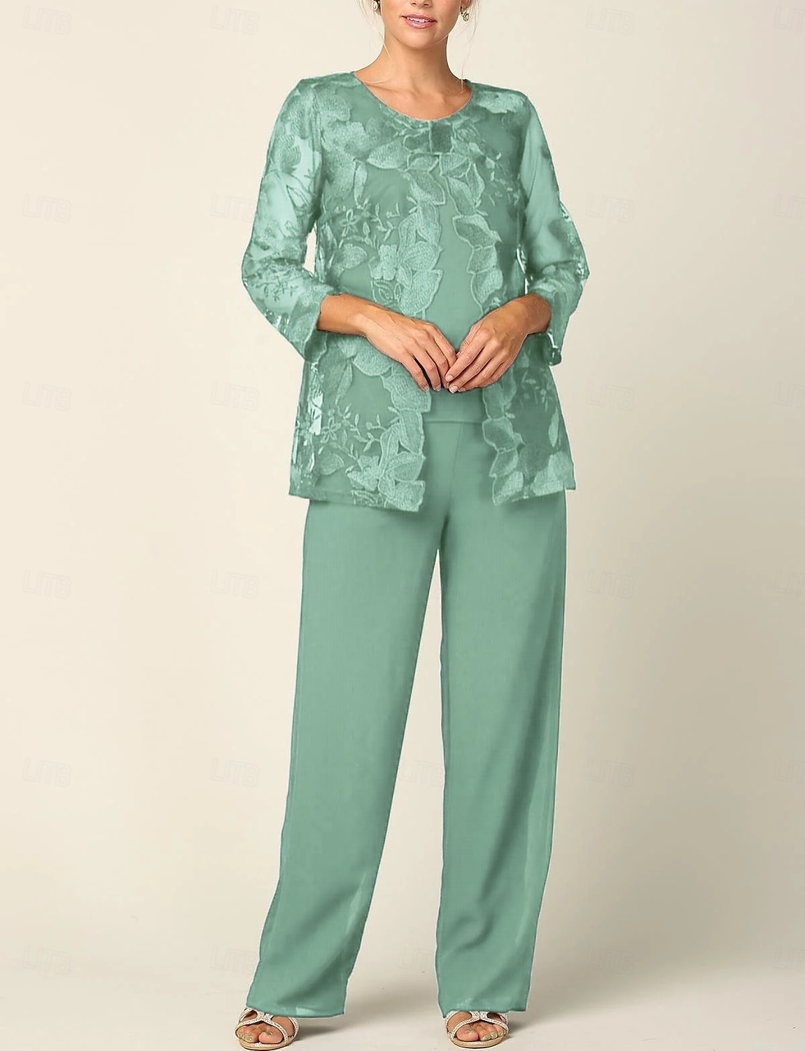 Jumpsuit Pantsuit 3 Piece Floor Length Mother of the Bride Dress Long Sleeve Crew Neck Elegant Formal Wedding Guest Chiffon Wrap Included with Lace Embroidery 2026 - $195.99 –P6
