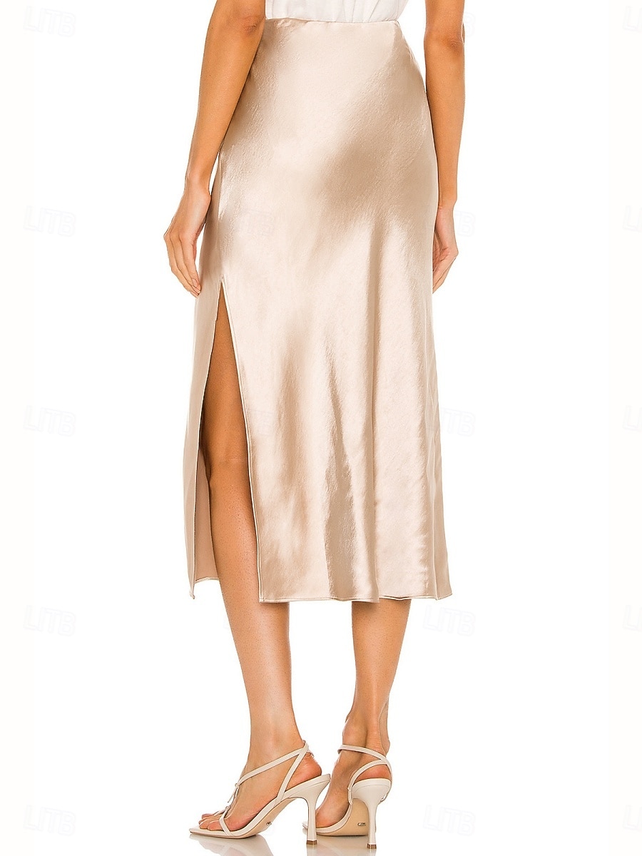 Per donna Gonne in raso Elegante Moda Midi Vita Alta Gonne Semplice Con Spacco Micro-elastico Feste Data Nero Champagne Marrone Verde Estate del 2026 a $29.99 –P4