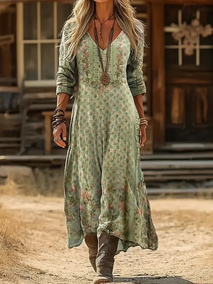 Damen Maxikleid Sommerkleid Urlaub Lässig Boho Täglich Lässiger Schnitt Blumen Langarm V Ausschnitt Blau Schwarz Gelb Rote Sommer Frühling 2026 - $41.99 –P7