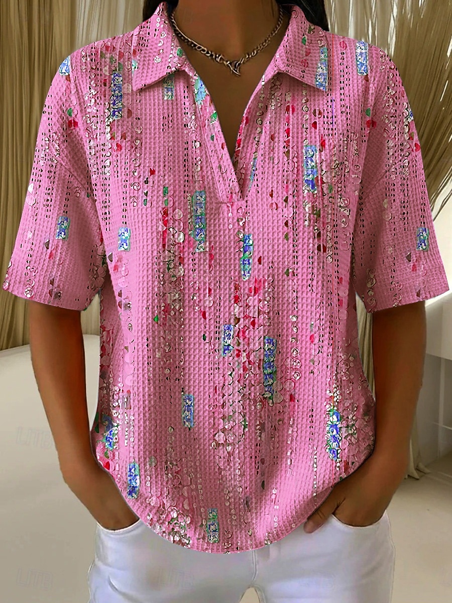 Women's Waffle Summer Tops Print Graphic Geometric Abstract Elegant Vintage Stylish Sleeveless Short Sleeve Shirt Collar Long Tops Casual Daily Blue Pink Purple Green Summer Spring 2026 - $22.99 –P6