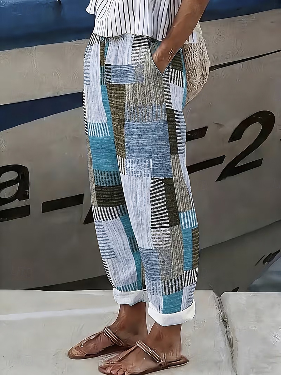 Per donna Pantaloni effetto lino Gamba larga Pantaloni casual Pantaloni Estivi Vacanza Moda Streetwear Lunghezza alla caviglia Misura del girovita medio Grafico A righe Astratto Coulisse Patchwork del 2026 a $31.99 –P2