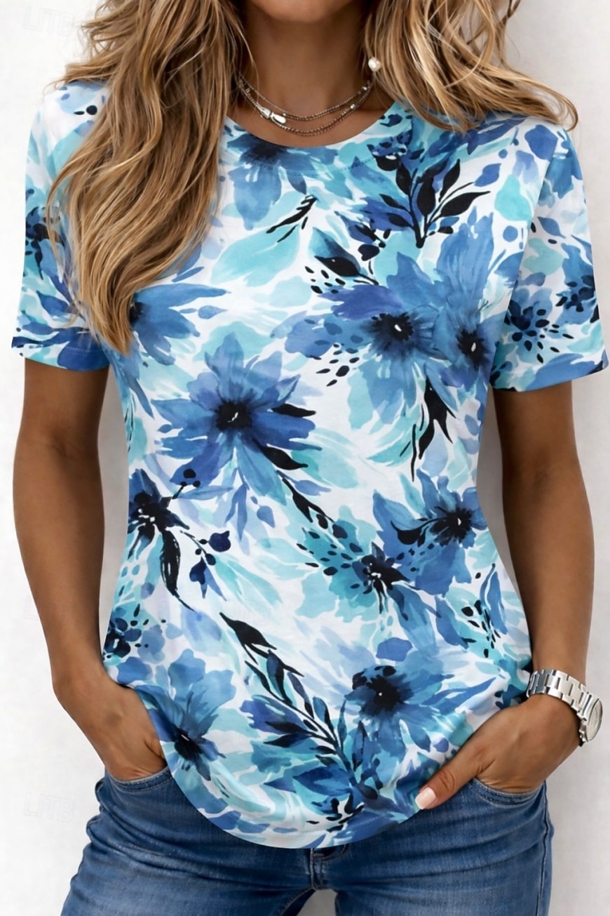 Mujer Camiseta Estampado Ombre Floral Graphic Elegante Clásico Casual Manga Corta Cuello Barco Escote Redondo Tops regulares Casual Diario Azul Piscina Blanco / azul Blanco Verano Primavera Otoño 2026 - $21.99 –P2