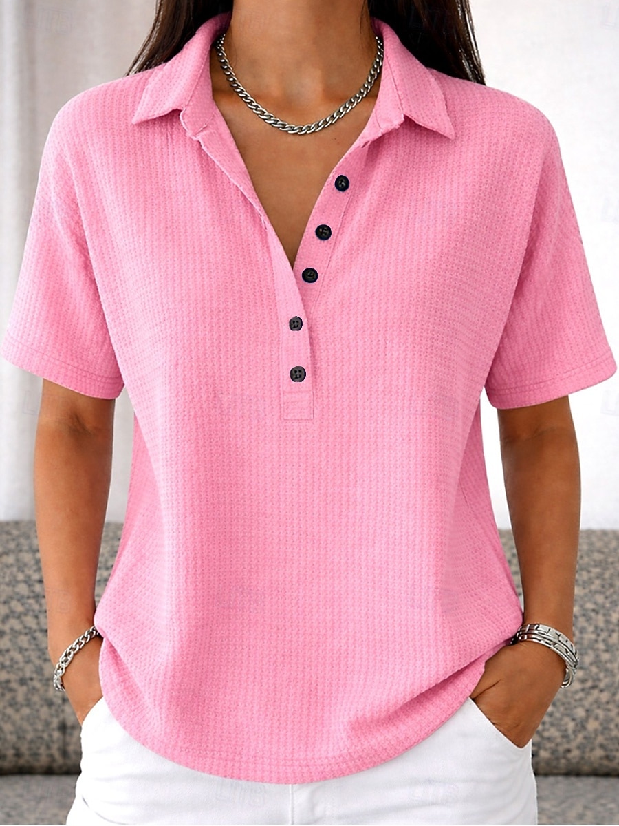 Vrouwen Wafel Tuniek Knopen Effen Kleur Eenvoudig Vintage Stijlvol Klassiek Korte Mouwen Omgeslagen Reguliere Tops Dagelijks Wit Roze Lichtblauw Zomer Lente 2026 - $27.99 –P9