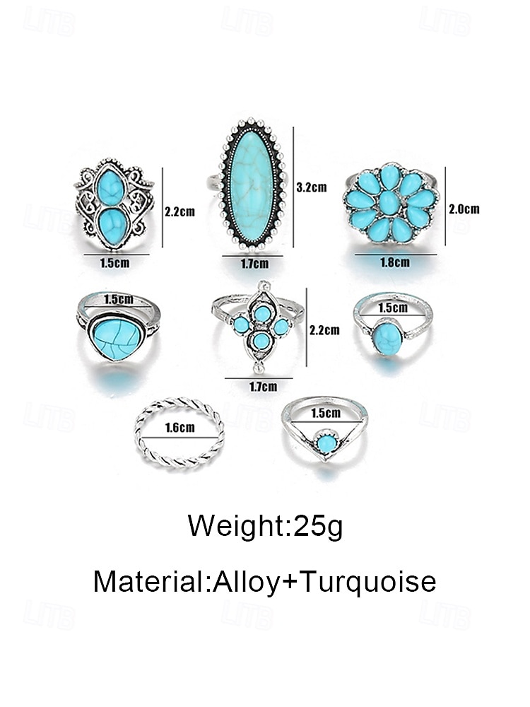 Женский богемный набор колец из сплава и бирюзы, 8 винтажных колец на фаланги пальцев, которые можно носить вместе, идеально подходят для пляжного отдыха, летних повседневных образов и повседневной носки в стиле бохо. 2026 - $11.99 –P4