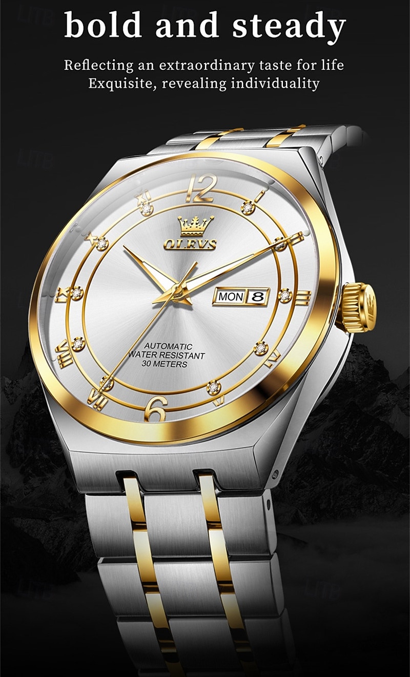 Men's Automatic Watch - Luxury Two-Tone Gold Stainless Steel Business Self Winding Wristwatch with Day Date, Waterproof Luminous Analog Dress Watch, Elegant Present for Husband Dad Son 2026 - $98.99 –P2