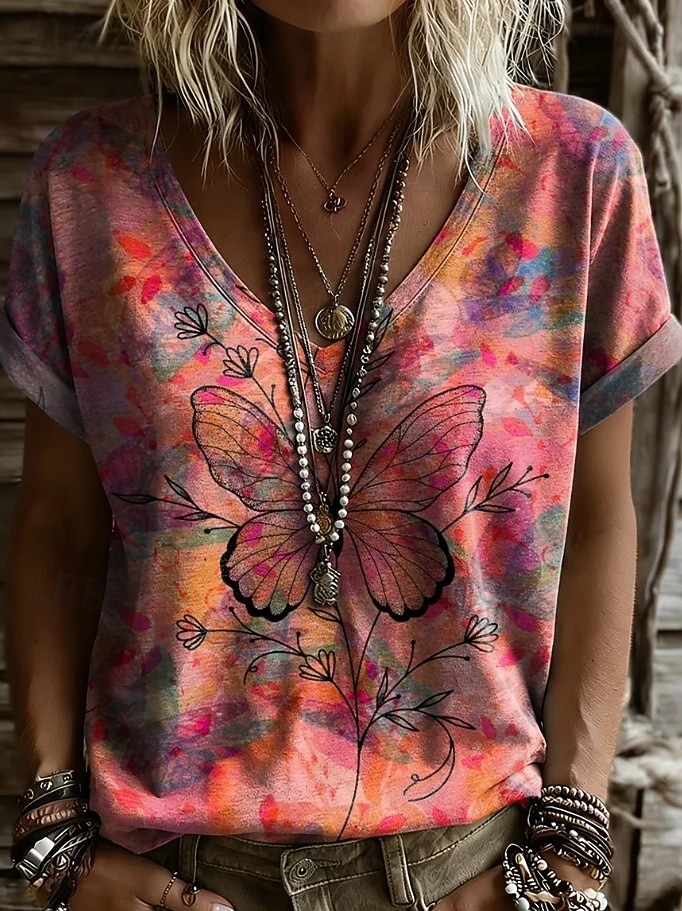 Women's T Shirt Print Floral Graphic Plants Vintage Stylish Casual Short Sleeve V Neck Regular Tops Casual Daily Weekend Blue White-Blue Light Beige Beige Summer Spring 2026 - $21.99 –P7