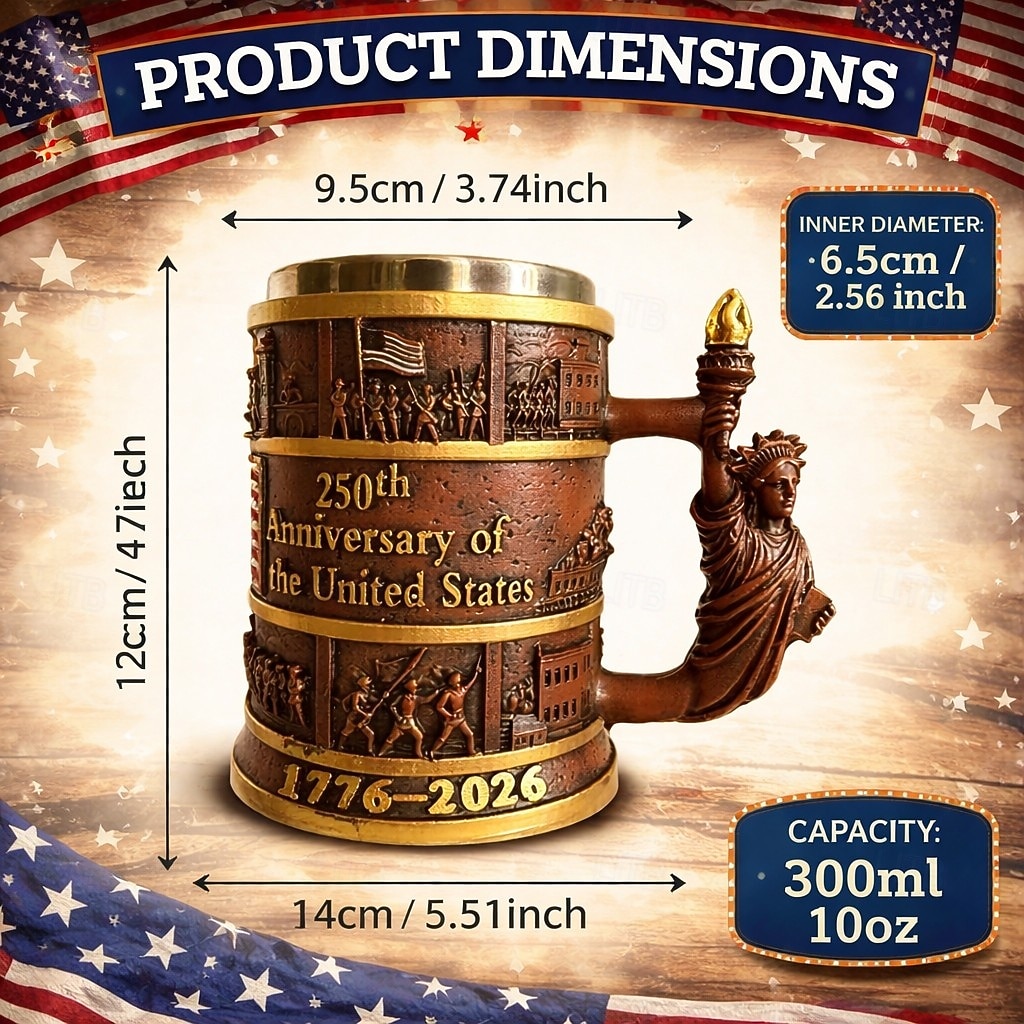 USA 250. évfordulójára készült, kézzel készített, gyantából készült, hazafias korsó Szabadságszobor-alakú füllel, 300ml/10oz, gyűjtői darab, USA 1776–2026 emlékpohár hazafias ajándékokhoz 2026 - $25.99 –P3