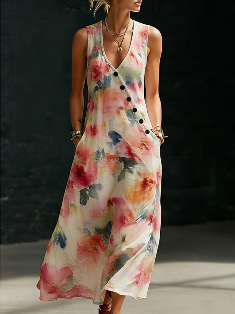 Mujer Vestido maxi Vestido de verano Vestido informal Vestido de una línea Elegante Vacaciones Playa Festivos Ajuste regular Floral Graphic Sin Mangas Escote en Pico Negro Rojo Verano Primavera 2026 - $42.99 –P1