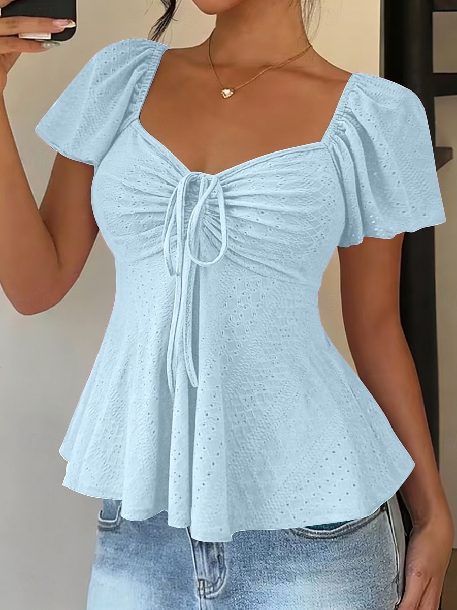 Femmes Chemisier Cordon de serrage Œillet Couleur Unie Élégant Sexy Occasionnel Manche Courte Col carré Hauts Réguliers Quotidien Noir Blanche Jaune Rose Claire Bleu Ciel Été Printemps de 2026 ? $19.99 –P5