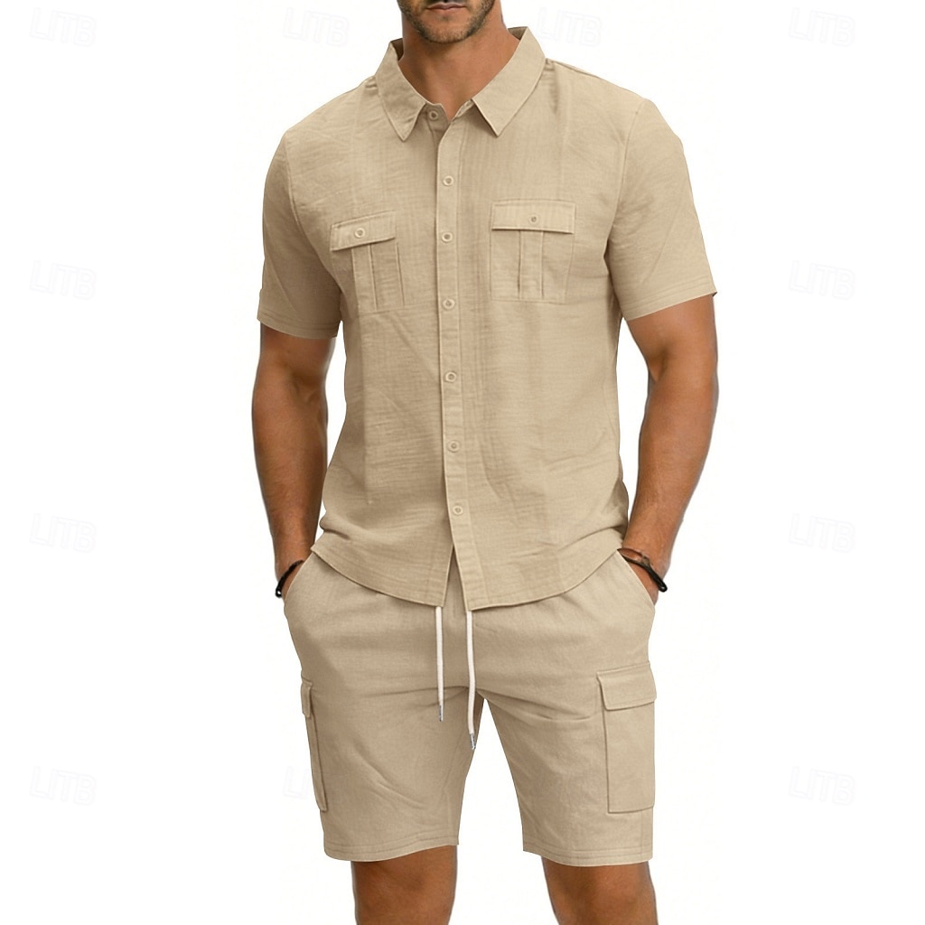 Homens Camisa de linho 2 Peças Conjunto de camisa E Bermuda Cargo Calção Shorts de linho Definir Tecido Diário Ao ar livre Férias Aberto para a Lateral Manga Curta Verão Moda Casual Confortável Roupa de 2026 por $32.99 –P13