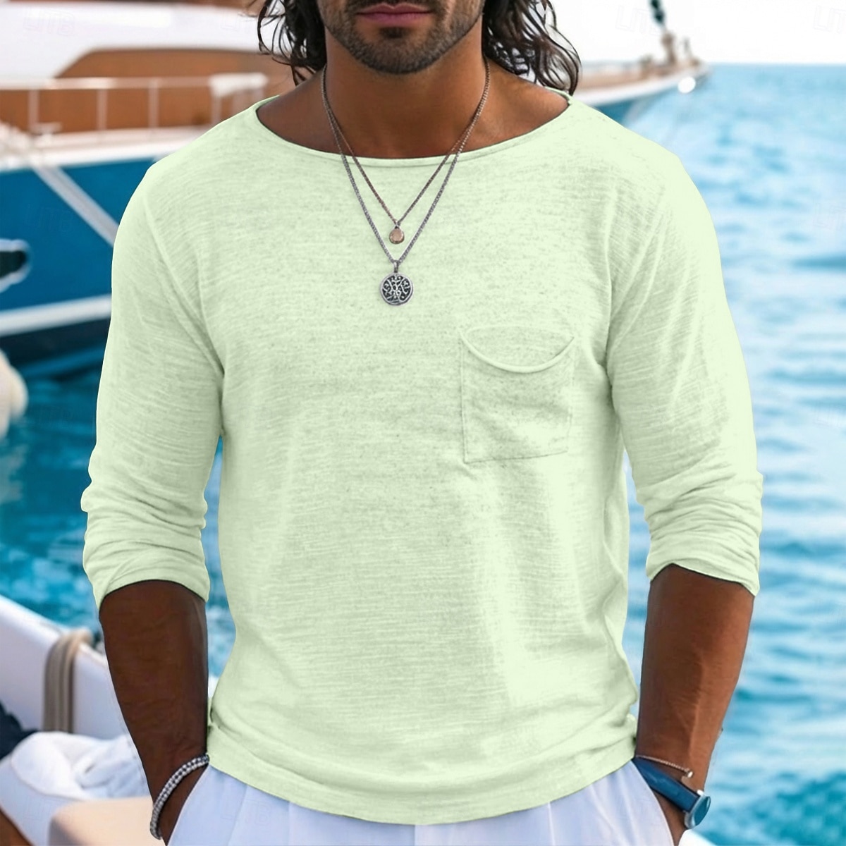 Voor heren Linnen T-shirt Lange mouw Boothals Zomer Lente Alle seizoenen Effen Kleur Vintage Bohémien Casual Puur Casual Vakantie Straat blauw Zwart Wit Top T-shirt voor mannen 2026 - $20.99 –P6