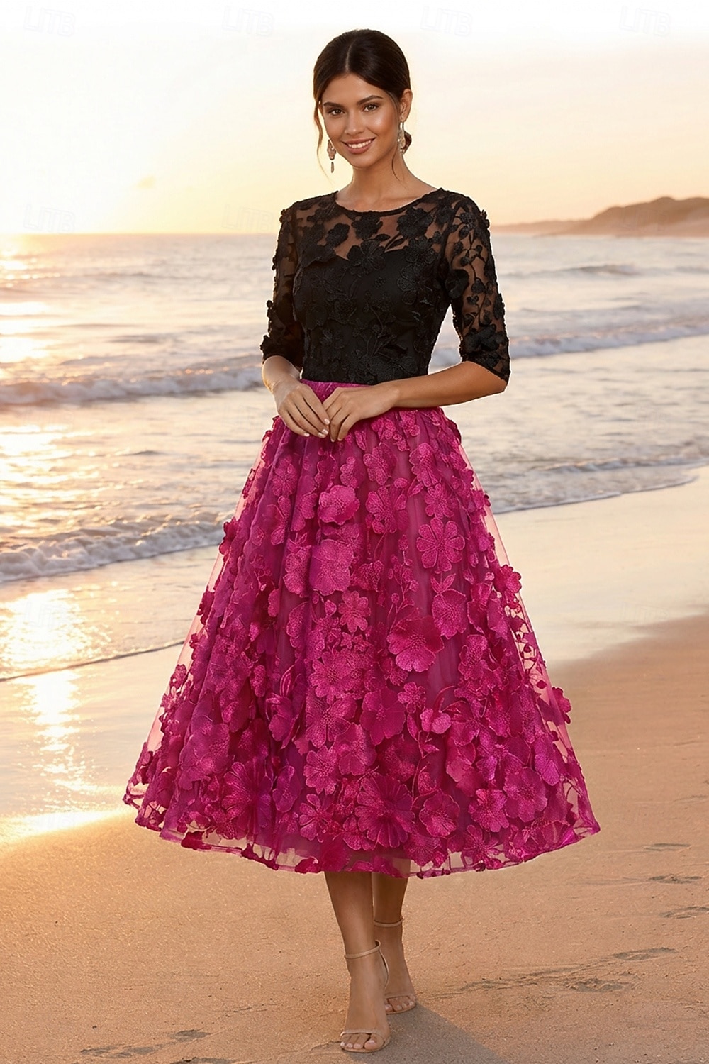 A-Line Tea Length Lace Dress Cocktail Dresses Elegant Vintage Floral Half Sleeve Crew Neck Garden Party Wedding Pocket Satin Tulle with Embroidered Flower Appliques 2026 - $182.99 –P1