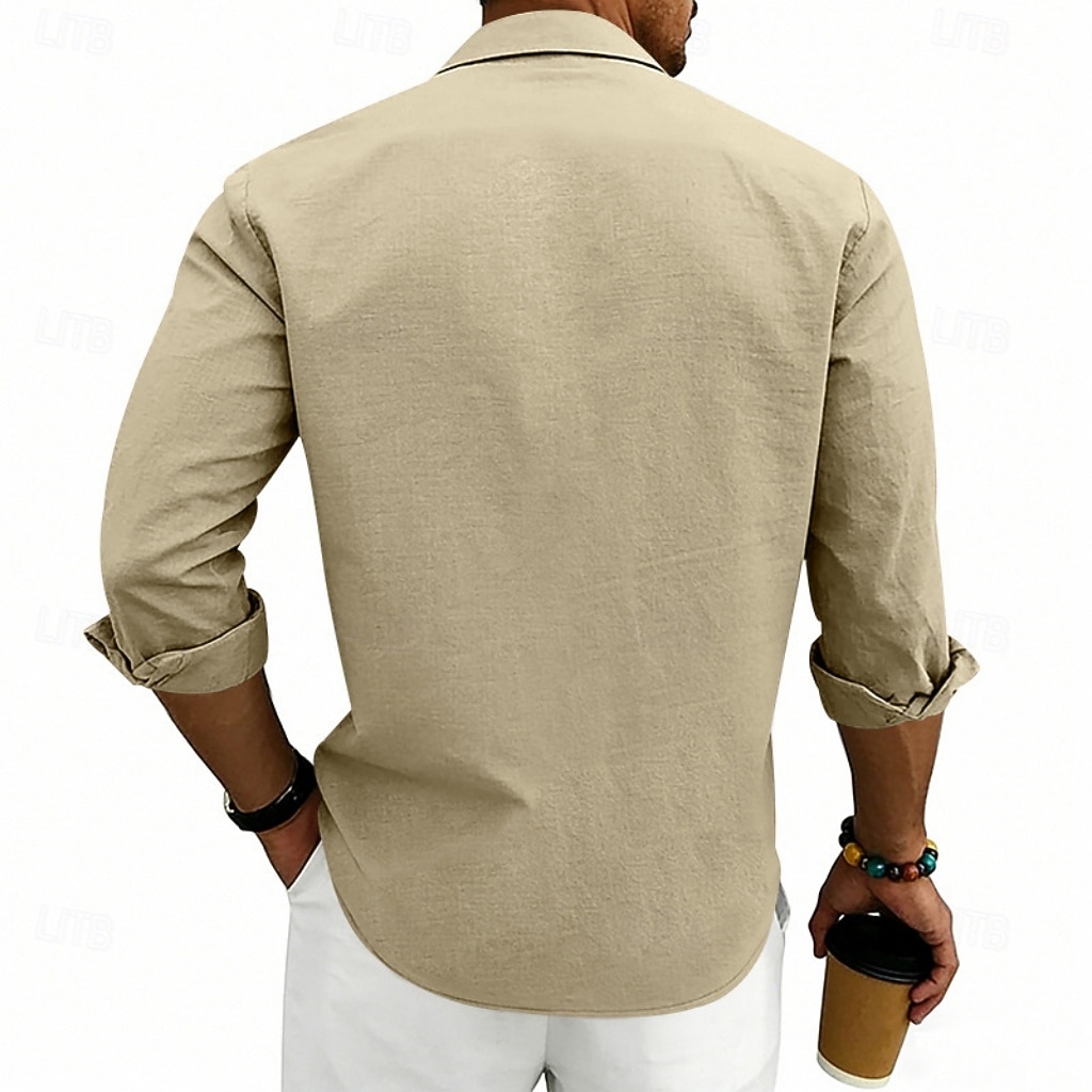Herren Hemd Leinenhemd Sommerhemd Strandhemd Einfach Lässig Urlaub Schwarz Weiß Marineblau Khaki Langarm Umlegekragen Sommer Frühling Bekleidung Patchwork 2026 - $25.99 –P18