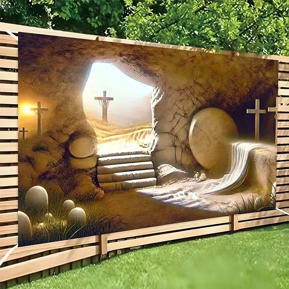 Wielkanocne zmartwychwstanie, pusty grób Jezusa, zmartwychwstał, trzy krzyże, kamień odsunięty, Golgota, święte światło, brama garażowa, baner, gobelin, tło zewnętrzne do kościoła, wystrój domu i 2026 - $20.99 –P1