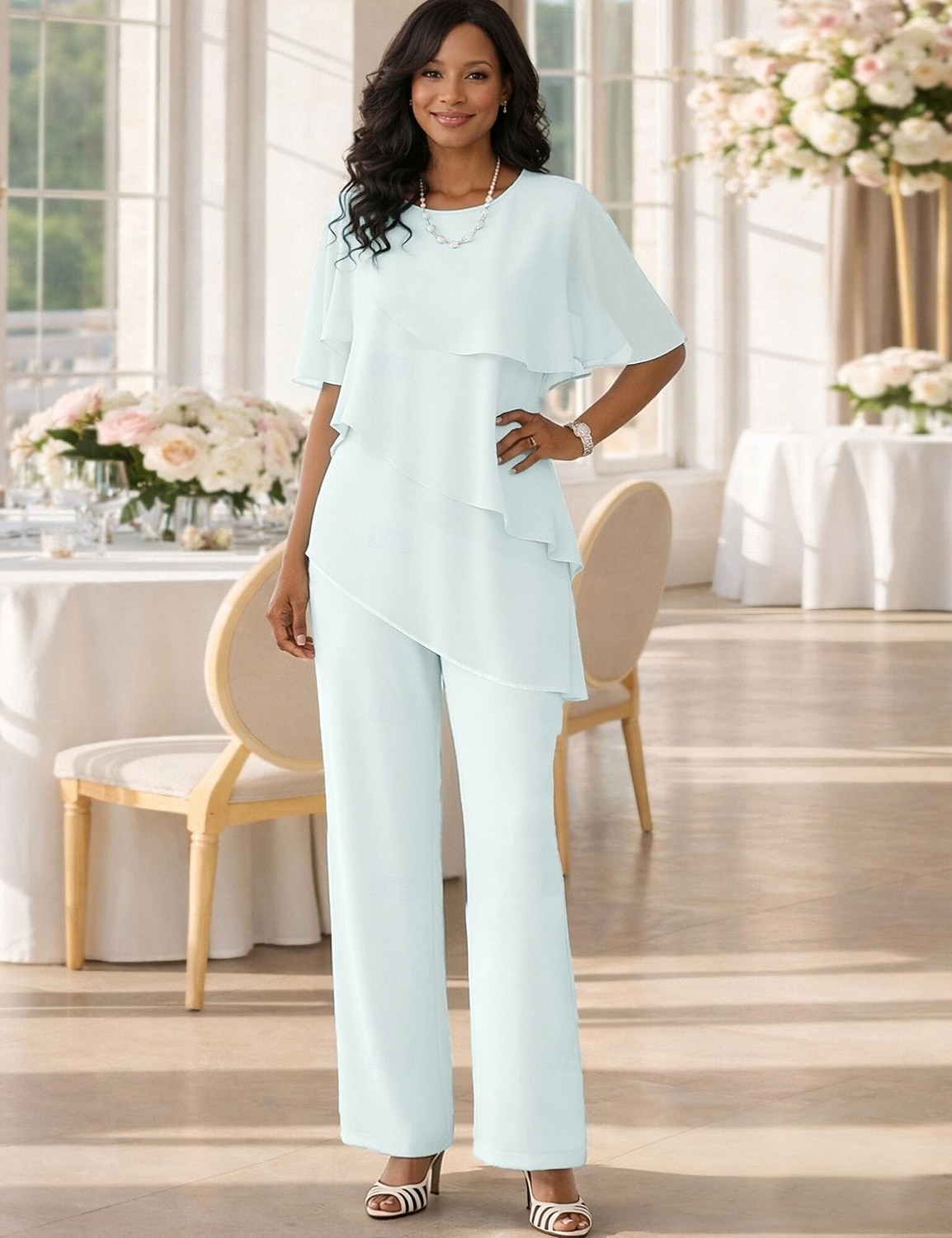 Tweedelig Broek Tot de grond Moeder van de bruid jurk Korte mouw Met sieraad Elegant Grote maten Bruiloft gast Chiffon met Gelaagde ruches 2026 - $160.99 –P1