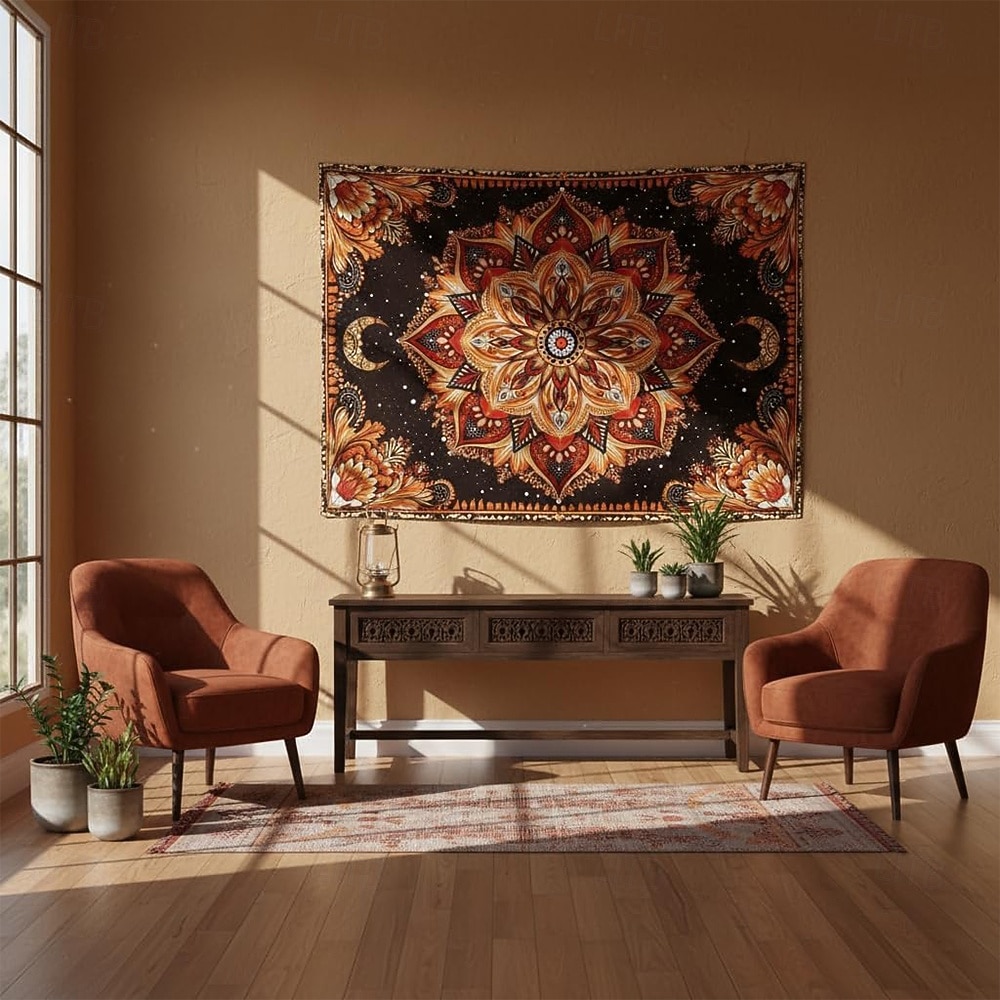 Tapiserie de perete cu mandala boho, semilună, noapte înstelată, floare, agățat de perete, portocaliu ars, hippie, artă psihedelică, poster mare din material textil, pentru dormitor, cămin, living, 2026 - $20.99 –P3