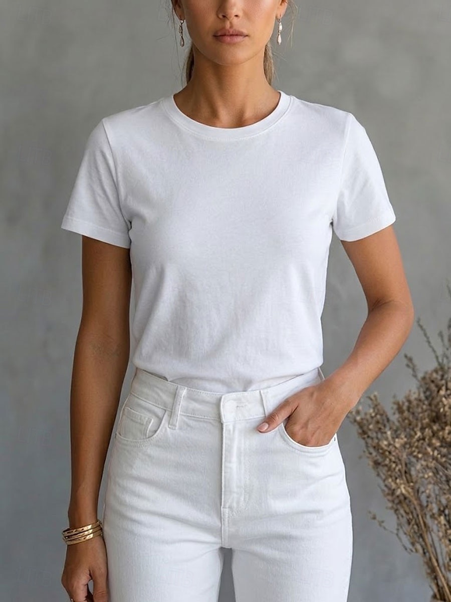 Mulheres Camiseta Camisa de algodão T-shirt Côr Sólida Moda à moda Básico Manga Curta Gola Redonda Decote Redondo Tops regulares Casual Diário Para Noite Branco Rosa Vermelho Laranja Verão Primavera de 2026 por $19.99 –P1