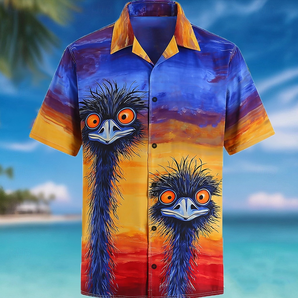 Men's Bird Ostriches Color-blocking Cuban Collar Shirt Summer Hawaiian Shirt Tropical Shirts Short Sleeve Hawaiian Funny Streetwear Holiday Beach Vacation Wear Summer Spring Camp Collar Shirt 3D Print 2026 - $25.99 –P1