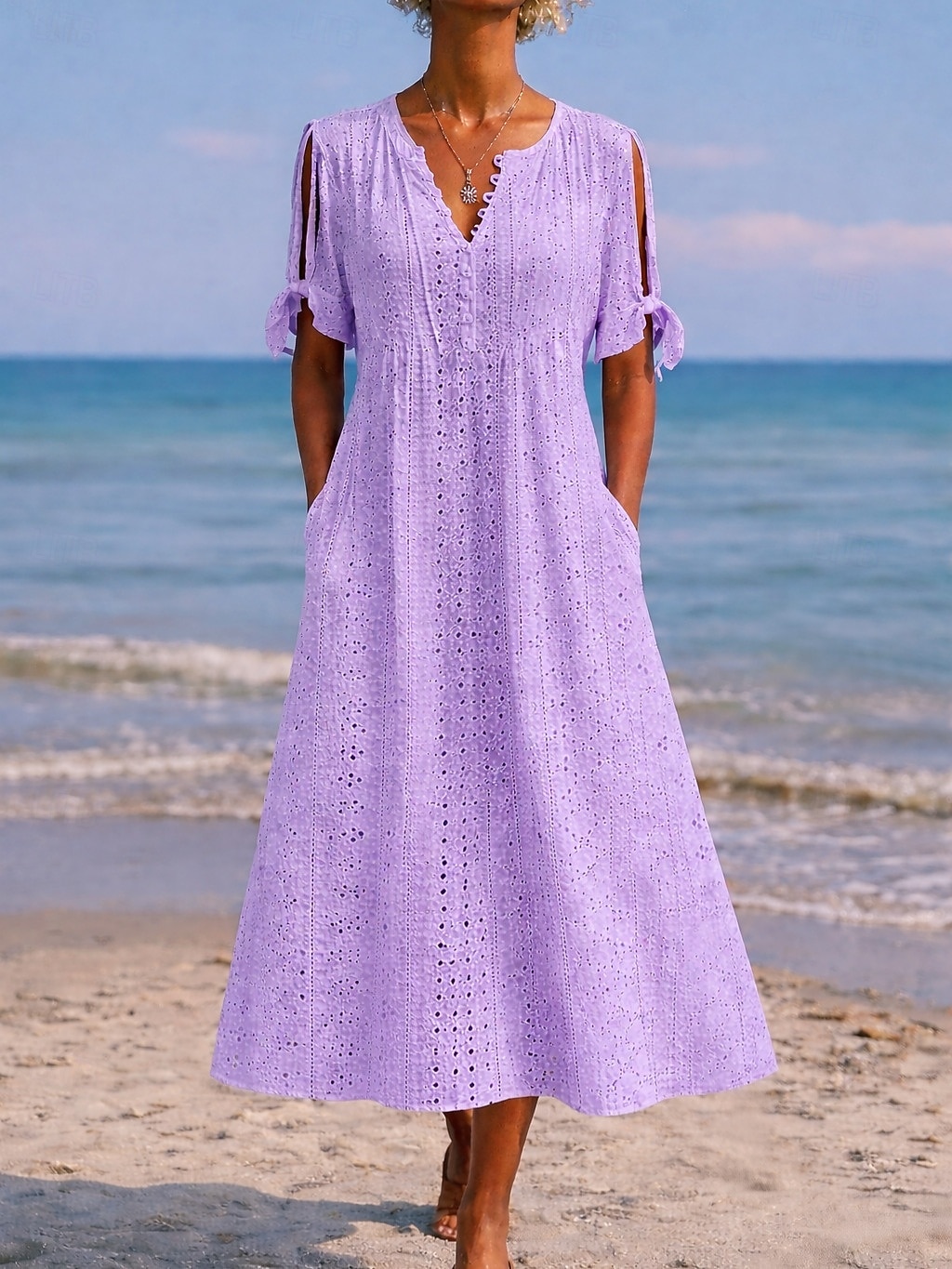 Women's Midi Dress Boho Dress A Line Dress Summer Dress Elegant Fashion Modern Daily Outdoor Beach Loose Fit Plain Short Sleeve V Neck White Purple Light Blue Summer Spring 2026 - $24.99 –P3