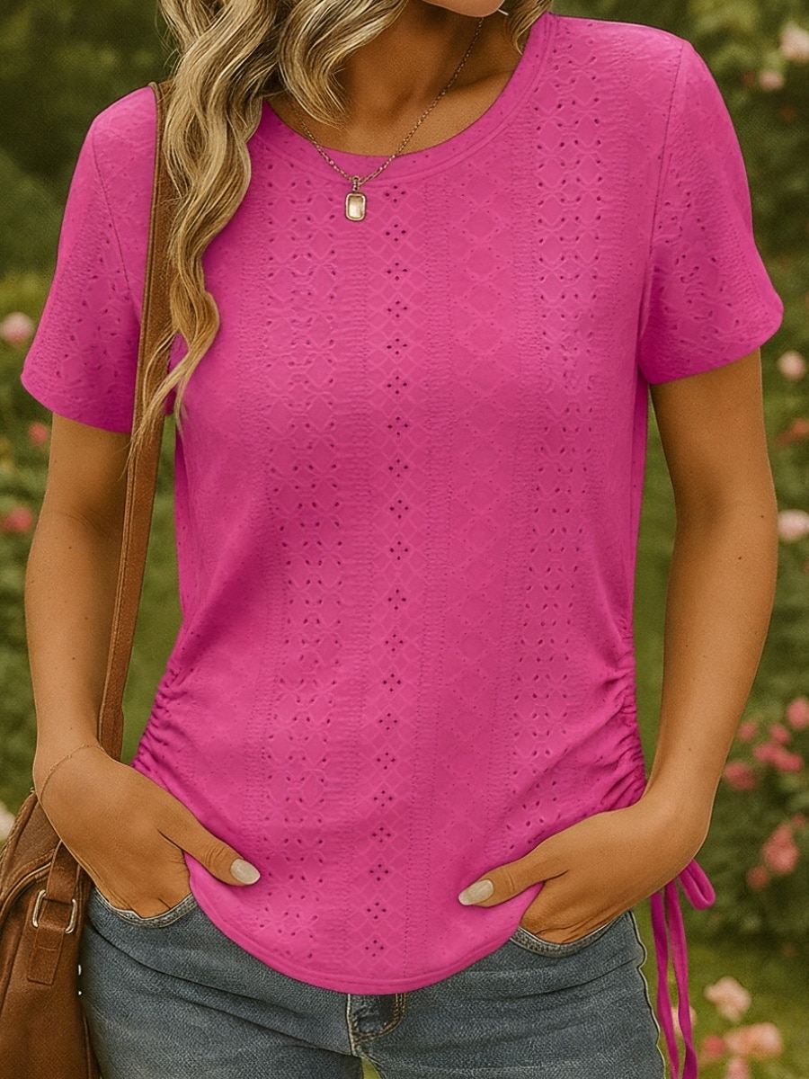 Damen Textur Bluse Oberteil mit Ösen Pointelle Tee Bluse Kordelzug Ausgehöhlt Einfach Aktiv Vintage Stilvoll Ärmellos Kurzarm Rundhalsausschnitt Normale Oberteile Lässig Täglich Streetwear Weiß Rosa 2026 - $25.99 –P1