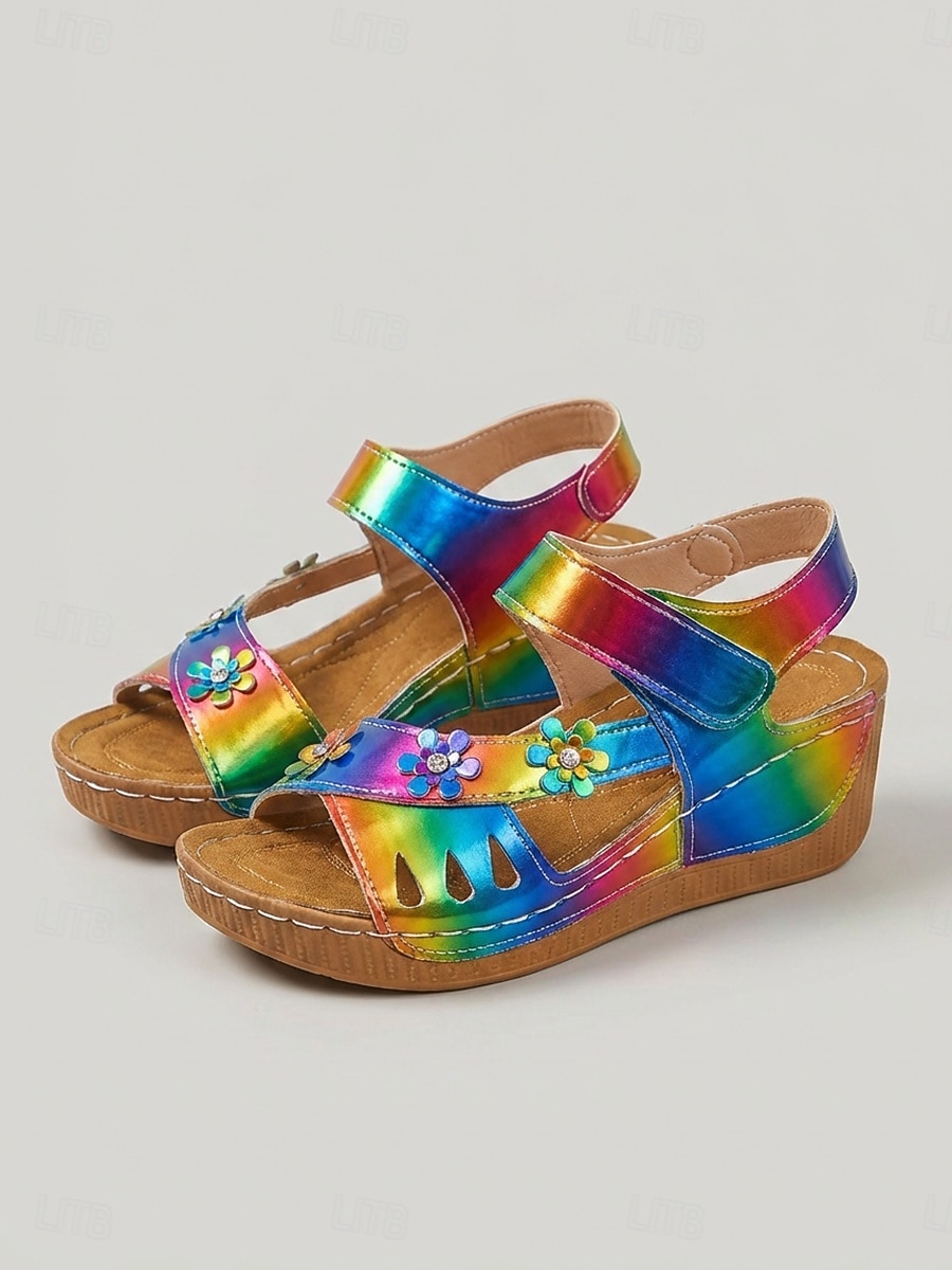 Sandali con zeppa casual colorati da donna – scarpe estive decorate con fiori, sandali aperti con velcro regolabili per feste in giardino e viaggi &abbigliamento quotidiano del 2026 a $26.99 –P3