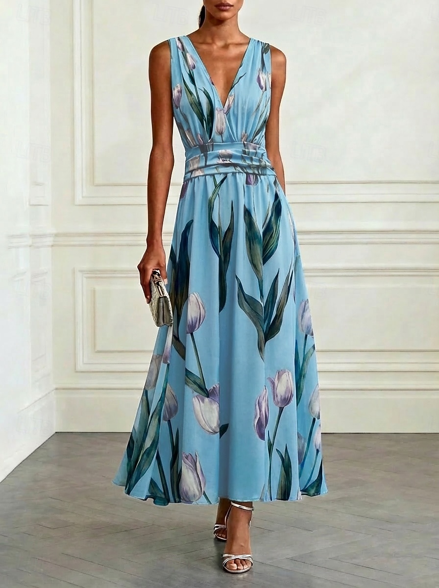 Women's Maxi Dress Prom Dress Party Dress Cocktail Dress Swing Dress Elegant Fashion Evening Party Party Special Occasion Regular Fit Floral Sleeveless V Neck Light Blue Summer Spring 2026 - $51.99 –P1