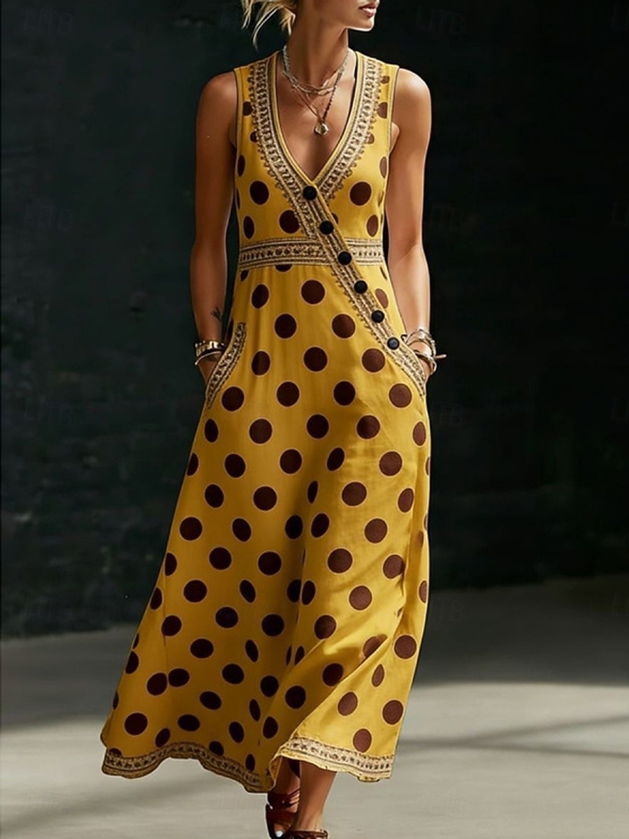 Pentru femei Rochie Maxi Rochie de Vară Rochie casual Rochie A line Elegant Vacanță Stilat Plajă Concediu Fit regulat Grafic Geometric Buline Fără manșon În V Alb Galben Vară Primăvară 2026 - $41.99 –P1