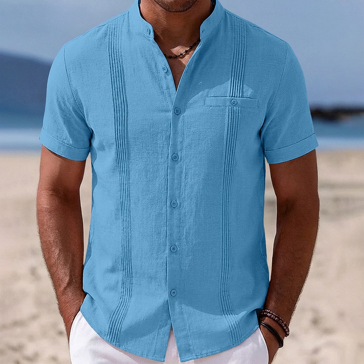 Herr Skjorta Linneskjorta Sommarskjorta Strandskjorta Hawaii skjorta Ensfärgat Ledigt Dagligen Blå Mörkgul Svart Marinblå Kortärmad Krage Vår & sommar Sommar Kläder Rynkad 2026 - $25.99 –P2
