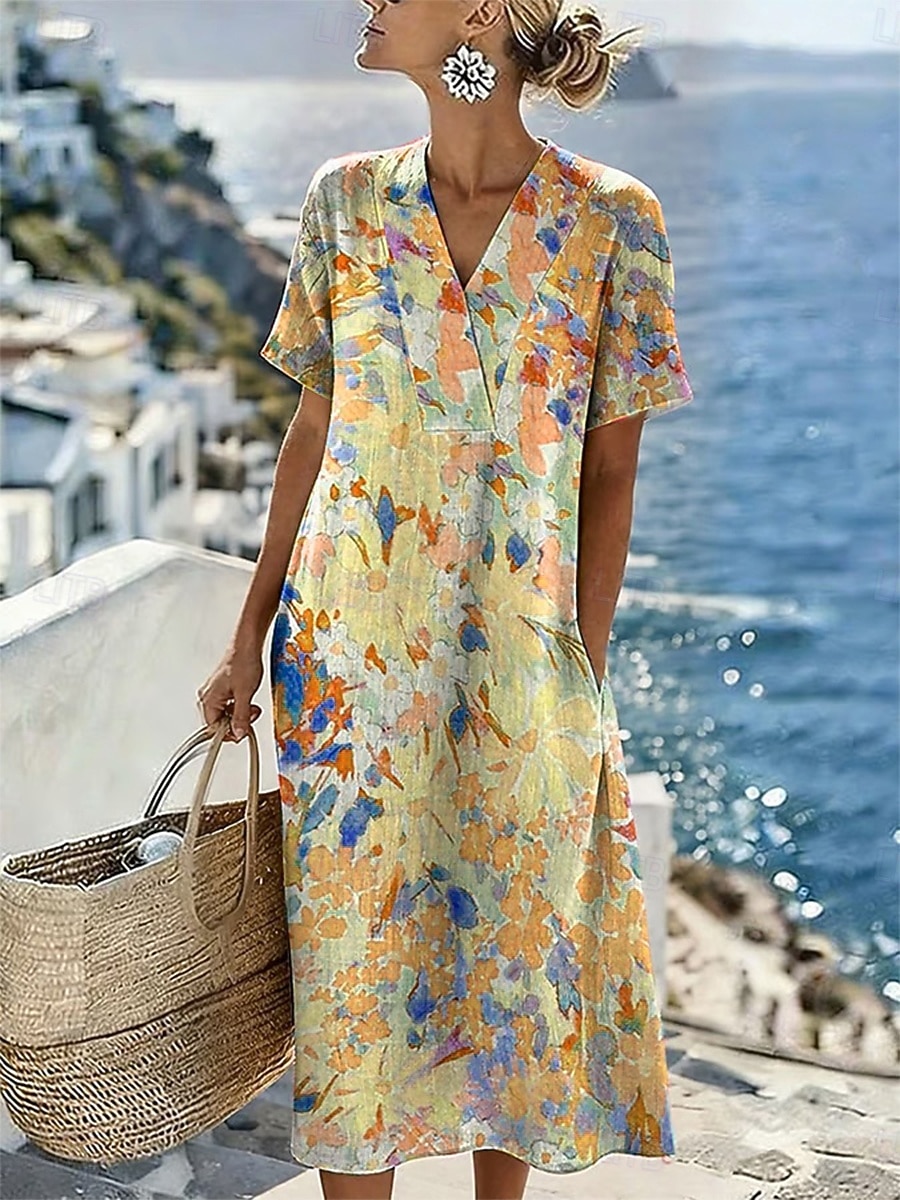 Damen Midikleid Sommerkleid Freizeitkleid Urlaub Lässig Strand Strand Lässiger Schnitt Blumen Grafik Kurzarm V Ausschnitt Blau Gelb Rosa Purpur Sommer Frühling 2026 - $39.99 –P2