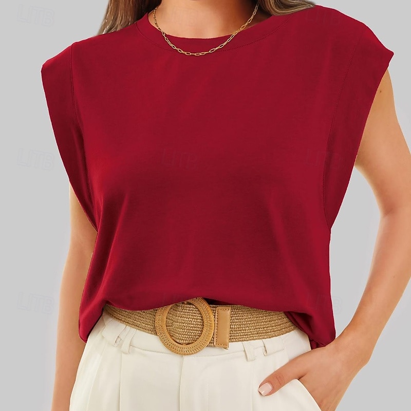 Mulheres Camiseta Côr Sólida Clássico Casual Sem Manga Gola Redonda Tops regulares Diário Para Noite Final de semana Preto Branco Vinho Verde Escuro Damasco Verão Primavera de 2026 por $22.99 –P11