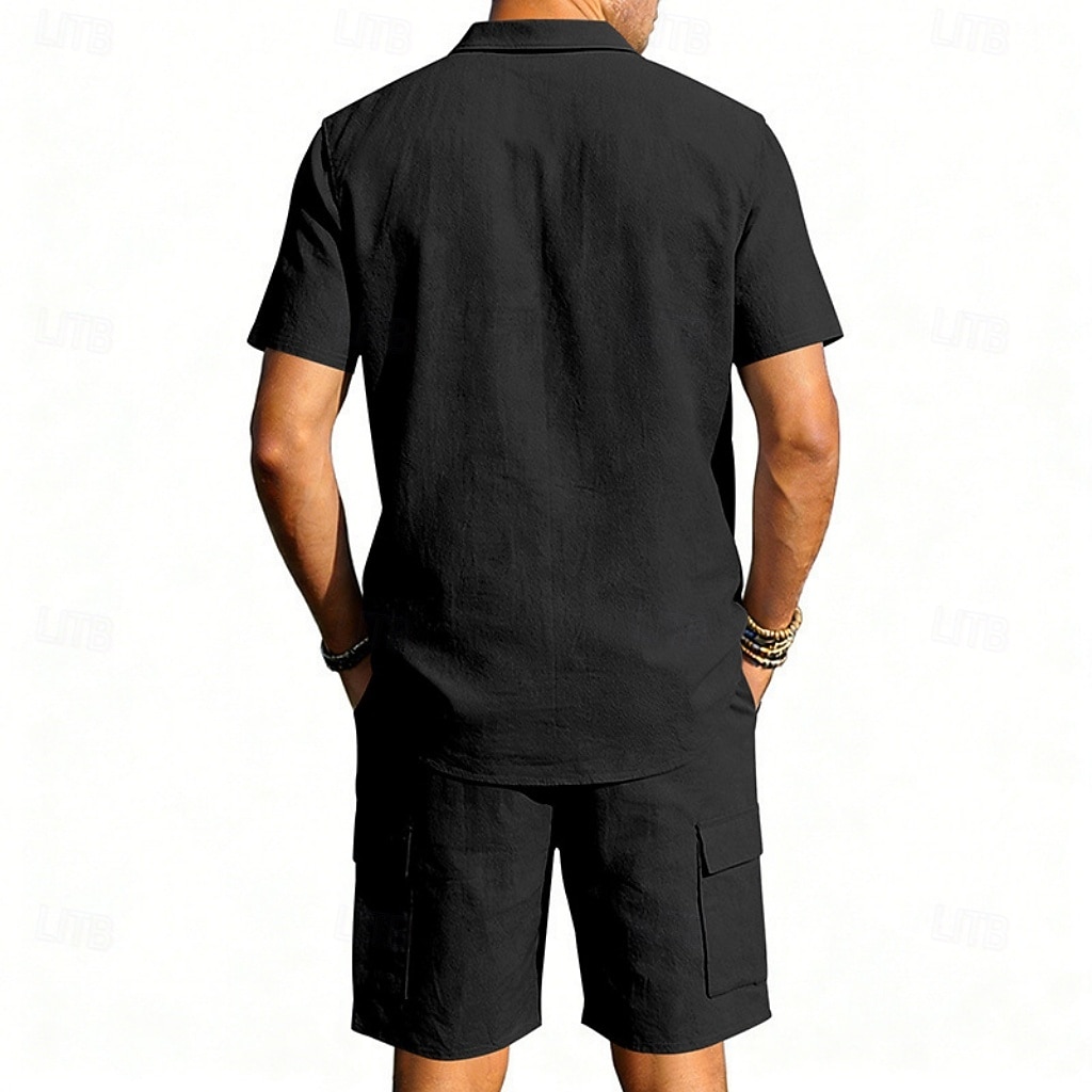 Homens Camisa de linho 2 Peças Conjunto de camisa E Bermuda Cargo Calção Shorts de linho Definir Tecido Diário Ao ar livre Férias Aberto para a Lateral Manga Curta Verão Moda Casual Confortável Roupa de 2026 por $32.99 –P17