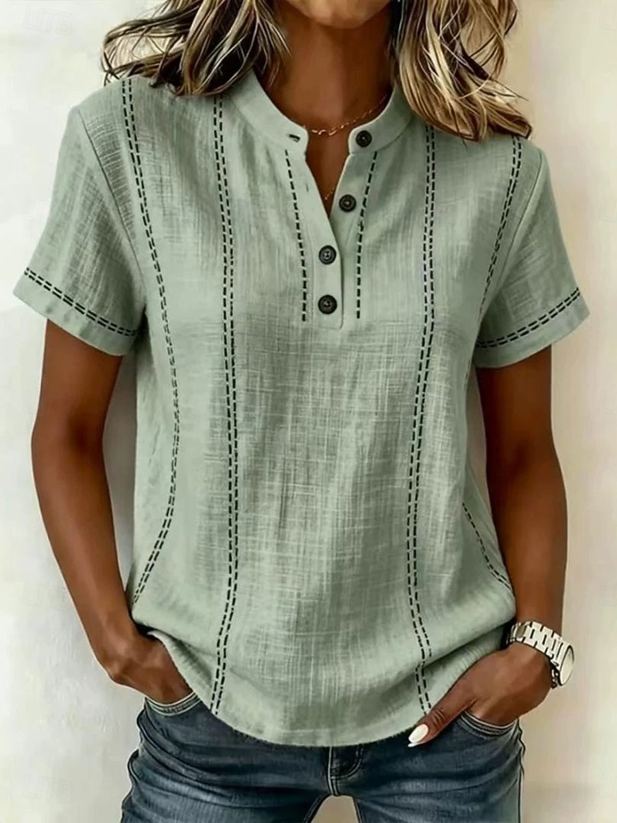 Γυναικεία Μπλουζάκι Πουκάμισο Henley Μπλουζάκι μπλουζάκι Κουμπιά Ριγέ Μοντέρνα Κοντομάνικο Χένλι Κανονικά μπλουζάκια Causal Παραλία Φθινόπωρο Μαύρο Λευκό Πράσινο Ανοικτό Ανθισμένο Ροζ Βαθυγάλαζο 2026 - $27.99 –P14