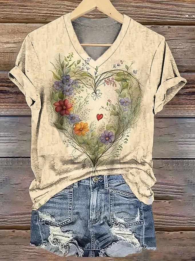Mulheres Camiseta Imprimir Floral Gráfico Plantas Vintage à moda Clássico Manga Curta Decote V Tops longos Diário Final de semana Azul Laranja + Verde Branco Amarelo Rosa Verão Primavera de 2026 por $8.49 –P8