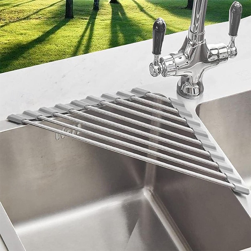Escurridor de platos sobre el fregadero, enrollable y triangular para esquina de cocina, alfombrilla de escurridor plegable de acero inoxidable (triangular), escurridor de platos para fregadero de 2026 - $9.99 –P4