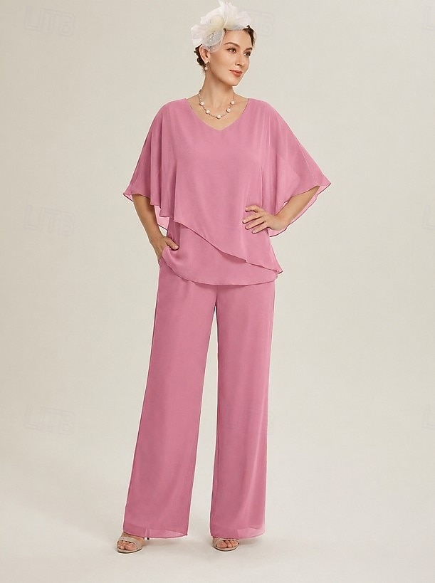 Conjunto feminino de calça pantalona com decote em V e sobreposição de chiffon, ideal para casamentos e ocasiões elegantes. de 2026 por $36.99 –P3