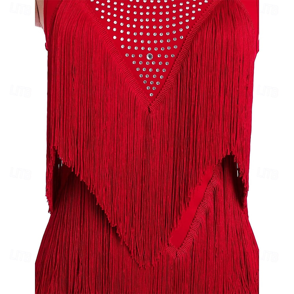 Women's Black Latin Ballroom Dance Wear - Rhinestone Sheer Mesh Sleeveless Bodysuit with Rhythmic Tassel Hem for Performance 2026 - $277.09 –P4