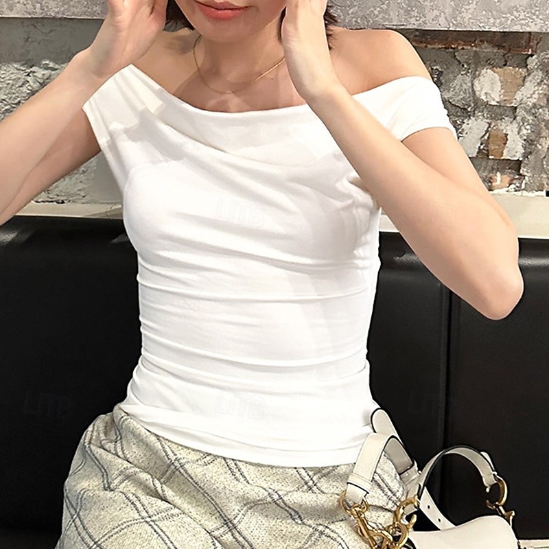 Per donna Maglietta Arricciato Semplice Elegante Moda Sexy Senza Maniche Senza Spalle Top Regolari Quotidiano Uscire Weekend Nero Bianco Estate Primavera del 2026 a $13.99 –P2